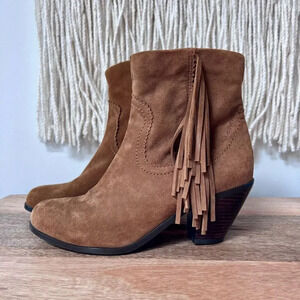 Sam Edelman Women's Brown Stacked Heel Louie Fringe-Trimmed Ankle Boot Size 6.5M